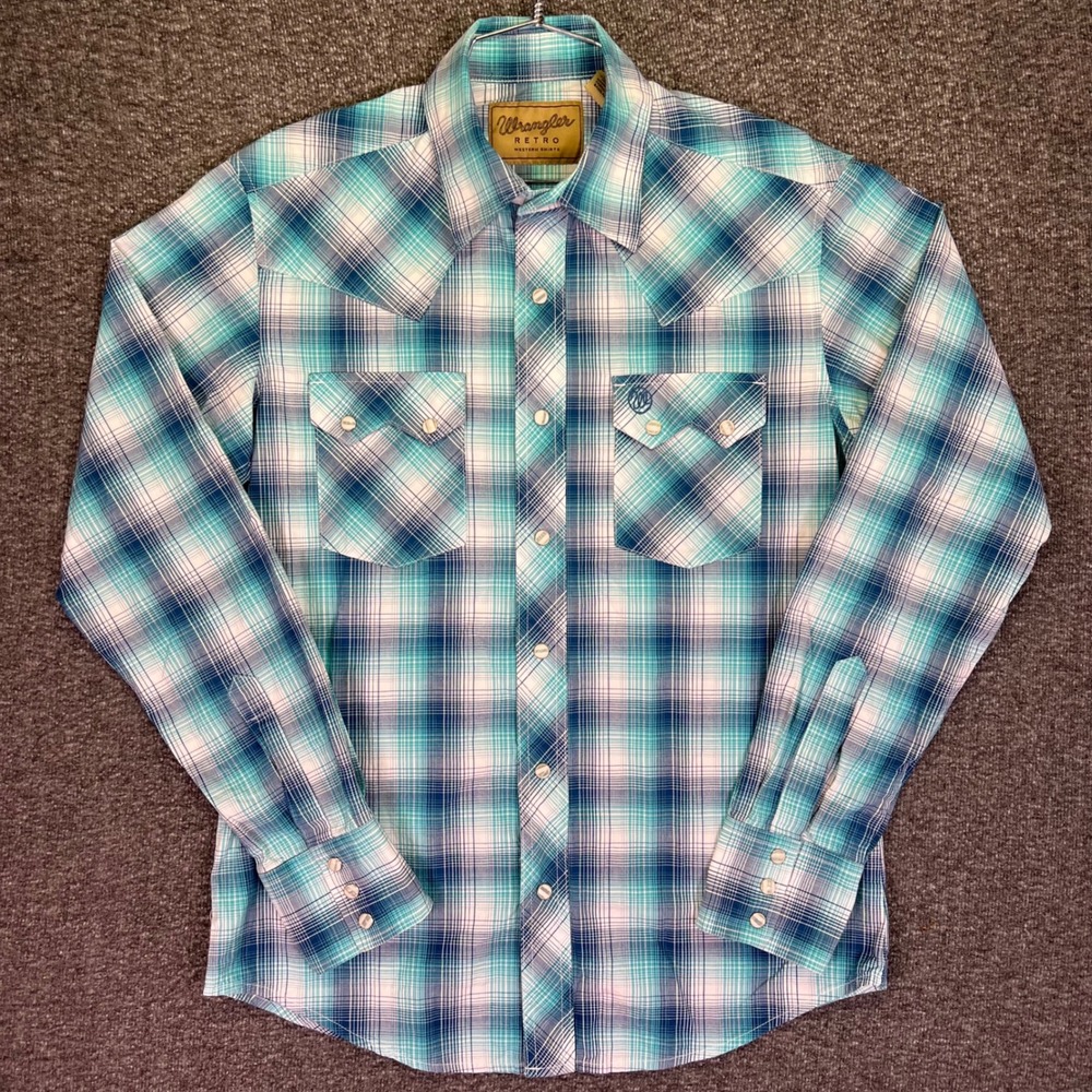 Wrangler Retro Shirt Mens M Turquoise Plaid Sawtooth Pearl Snap Cowboy Rodeo